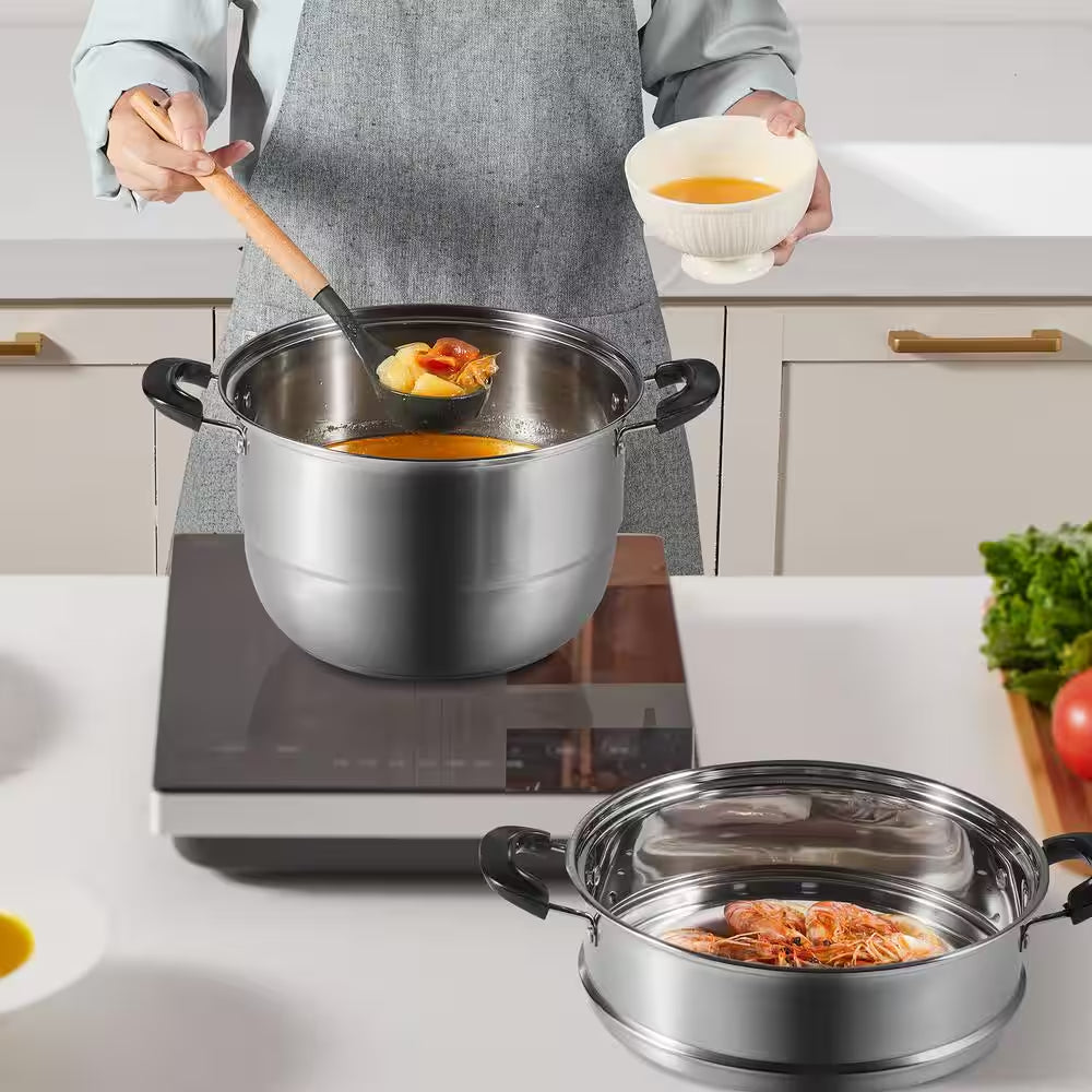 Steamer Pot 11 In. 3 Tier Steamer Pot with 8.5 Qt. Stock Pot Stainless Steel Vegetable Steamer and 2 Steaming Tray