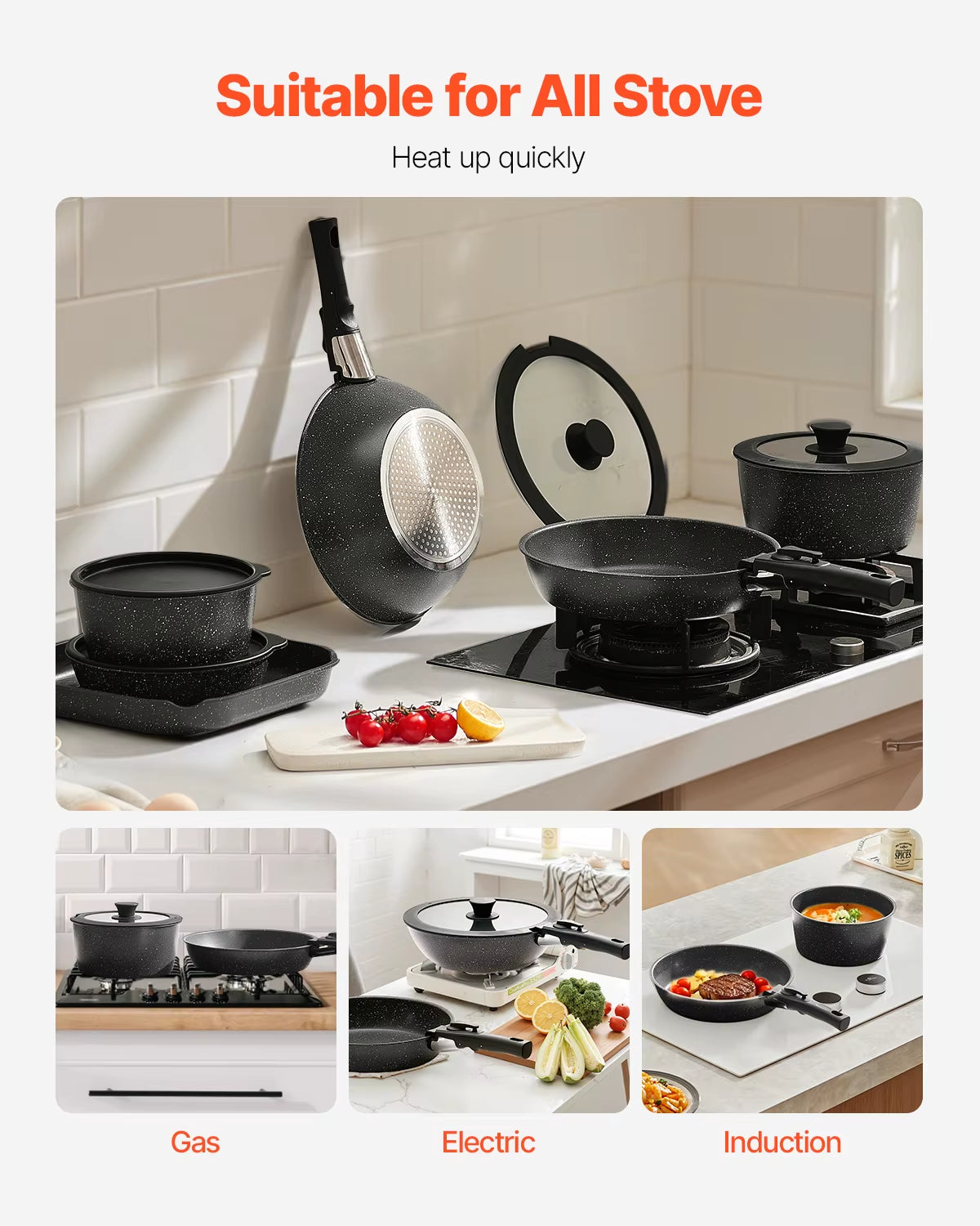 VEVOR 17 Pcs Nonstick Cookware Set Granite Pots and Pans Set Induction Cookwares Kitchen Cooking Set with Frying Sauce Saute Pan