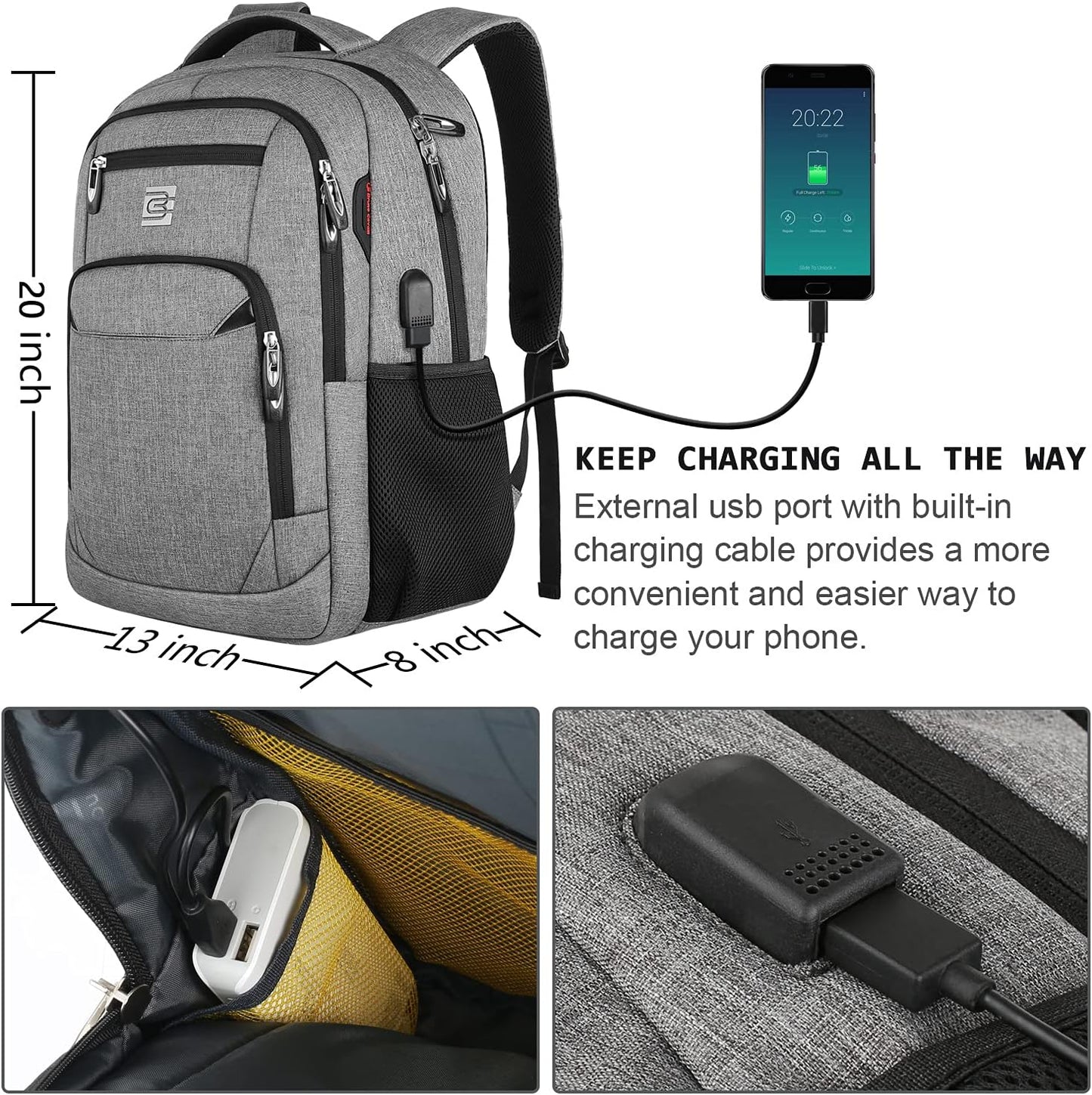17 Inch Laptop Backpack, Business anti Theft Slim Durable Laptops Backpack with USB Charging Port, Water Resistant College Computer Bag Gifts for Men & Women Fits 15.6 Inch Notebook-Grey