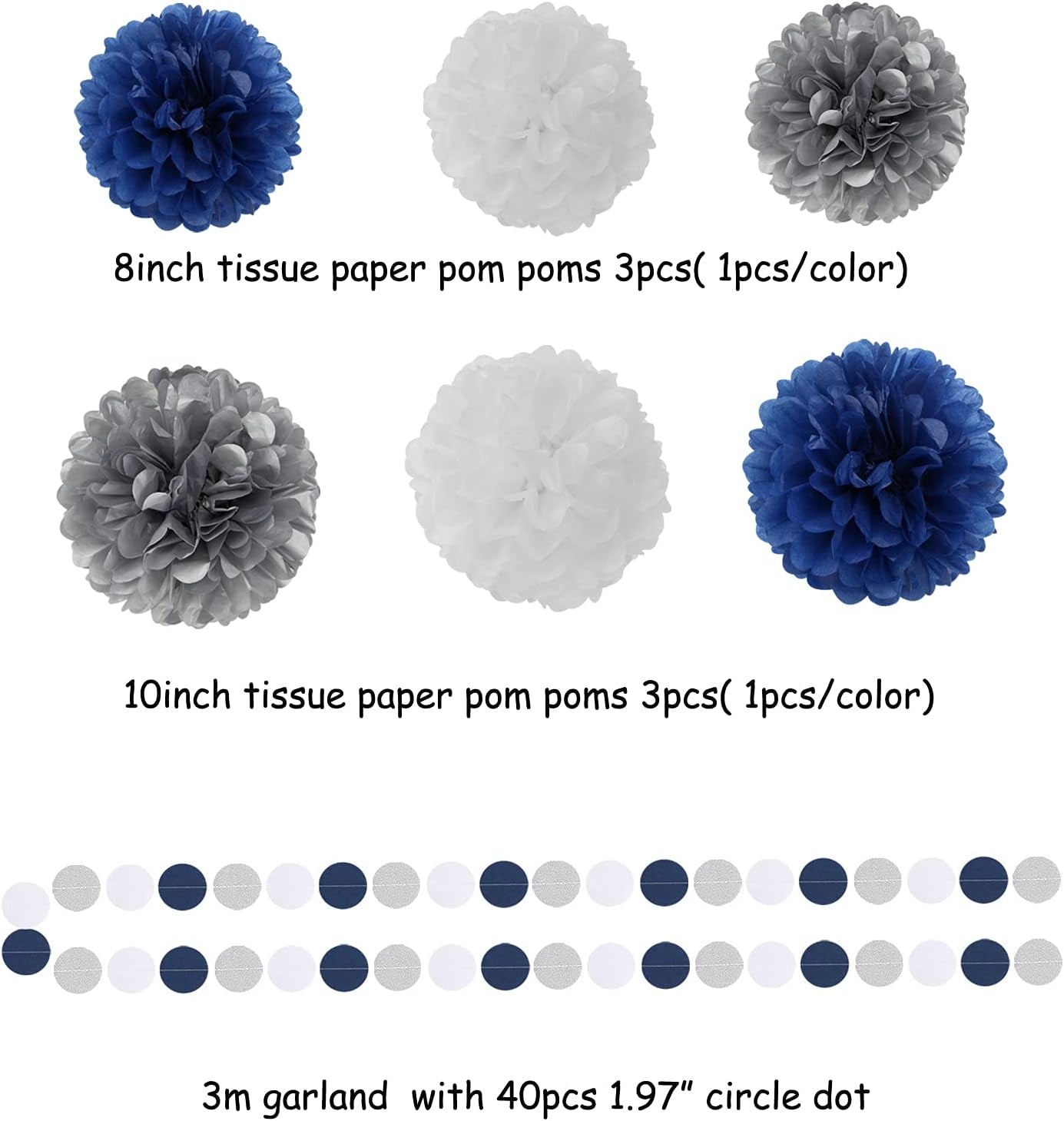 Navy Blue White Silver Party Decorations,23Pcs Kit Graduation 2025 Tissue Paper Pom Poms Streamers,Tassel Garland Banner Flowers,Men Birthday Bachelorette Baby Shower Christmas Decor
