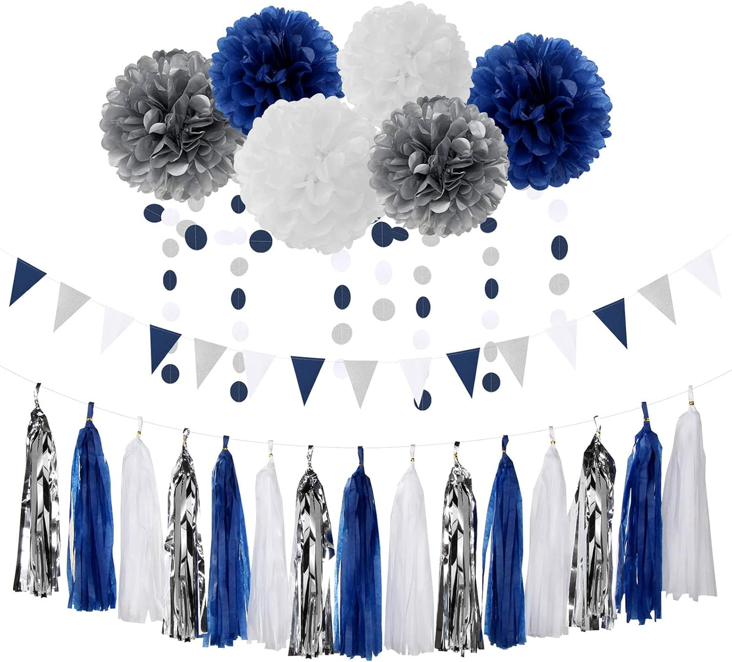 Navy Blue White Silver Party Decorations,23Pcs Kit Graduation 2025 Tissue Paper Pom Poms Streamers,Tassel Garland Banner Flowers,Men Birthday Bachelorette Baby Shower Christmas Decor