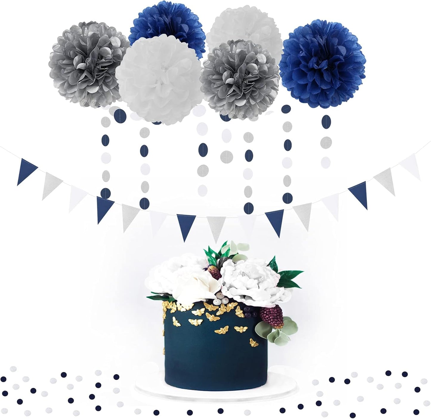 Navy Blue White Silver Party Decorations,23Pcs Kit Graduation 2025 Tissue Paper Pom Poms Streamers,Tassel Garland Banner Flowers,Men Birthday Bachelorette Baby Shower Christmas Decor