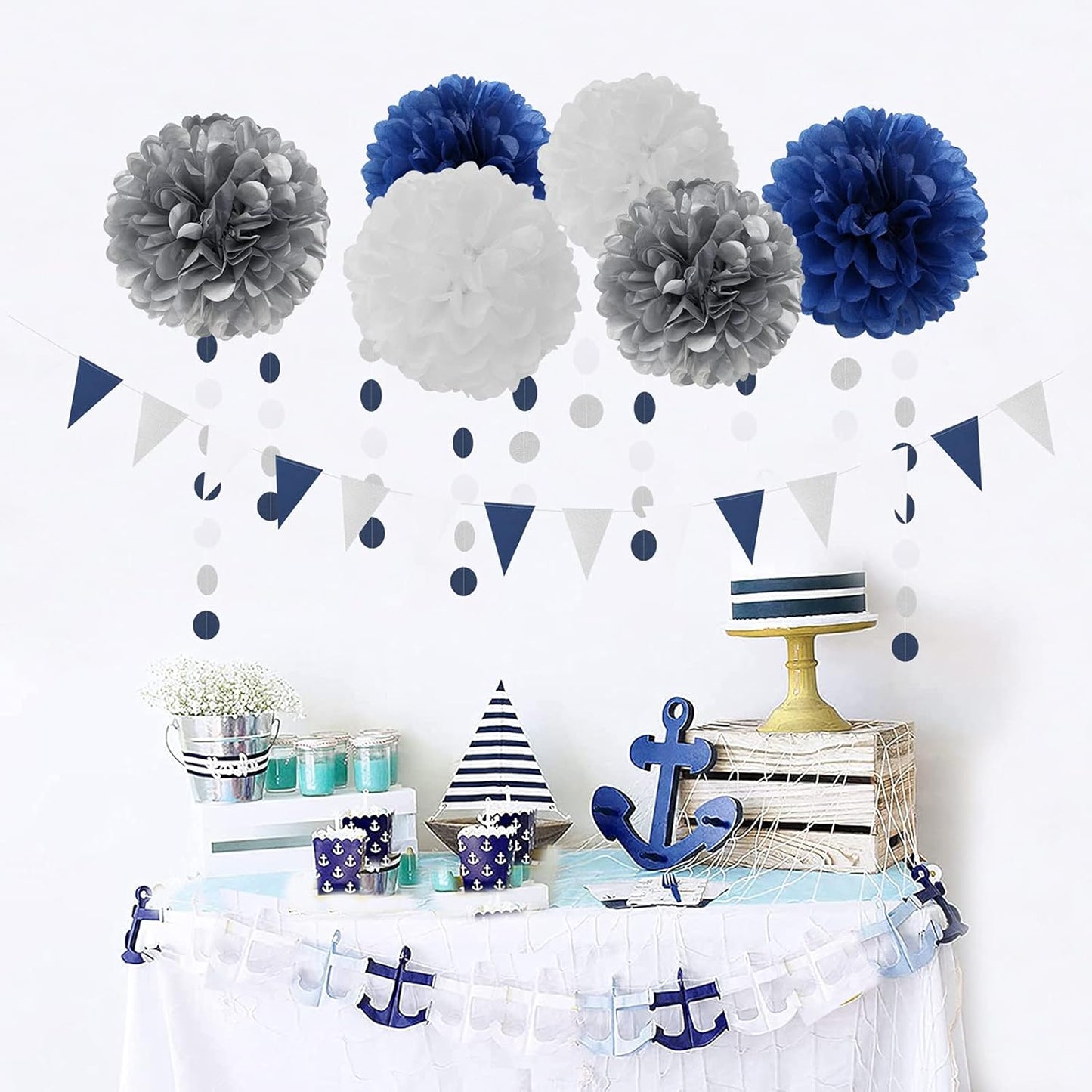 Navy Blue White Silver Party Decorations,23Pcs Kit Graduation 2025 Tissue Paper Pom Poms Streamers,Tassel Garland Banner Flowers,Men Birthday Bachelorette Baby Shower Christmas Decor