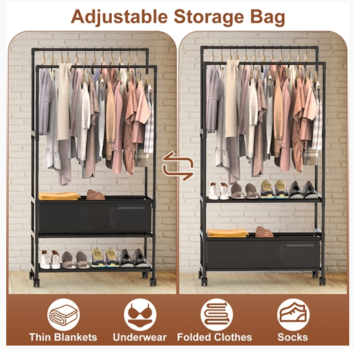 Double Rods Garment Rack with Storage Bag Portable Clothing Rack with Shelves Lockable Wheels Small Portable Closet Storage Bag Height Adjustable