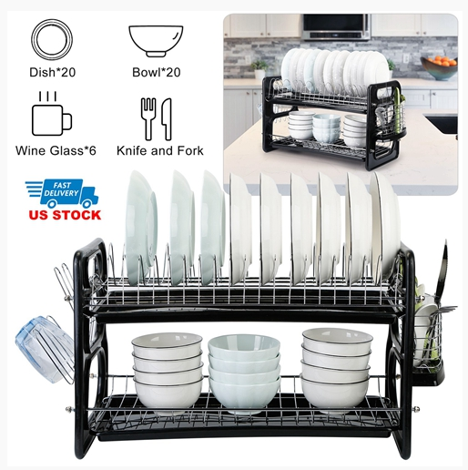 2 Tier Iron Dish Drying Rack Drainboard Set with Large Storage Anti-Rust Dish Drainer Shelf Tableware Holder Cup Holder For Kitchen Counter Storage