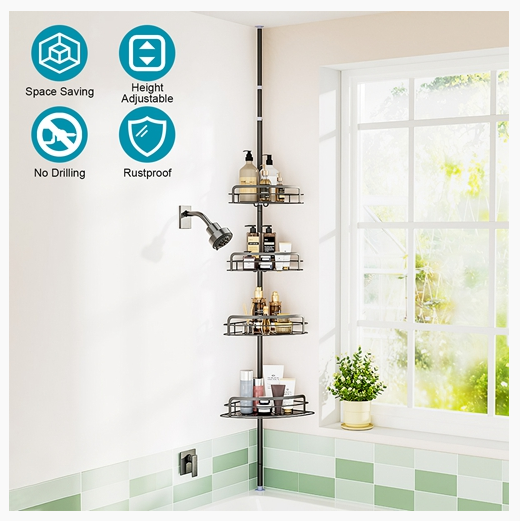 Rust-Resistant Corner Shower Caddy For Bathroom 4 Height Adjustable Shelves With Tension Pole Towel Bar Hanging Hook Floor Standing Bath Storage Rack