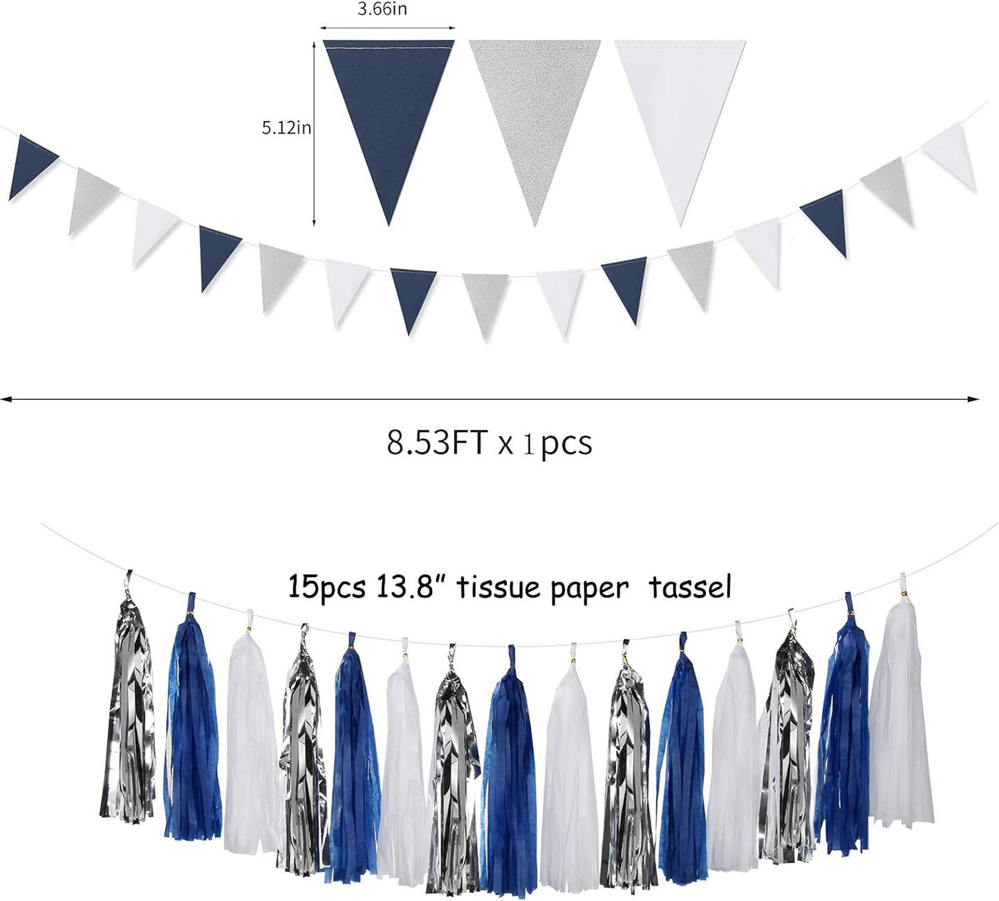 Navy Blue White Silver Party Decorations,23Pcs Kit Graduation 2025 Tissue Paper Pom Poms Streamers,Tassel Garland Banner Flowers,Men Birthday Bachelorette Baby Shower Christmas Decor