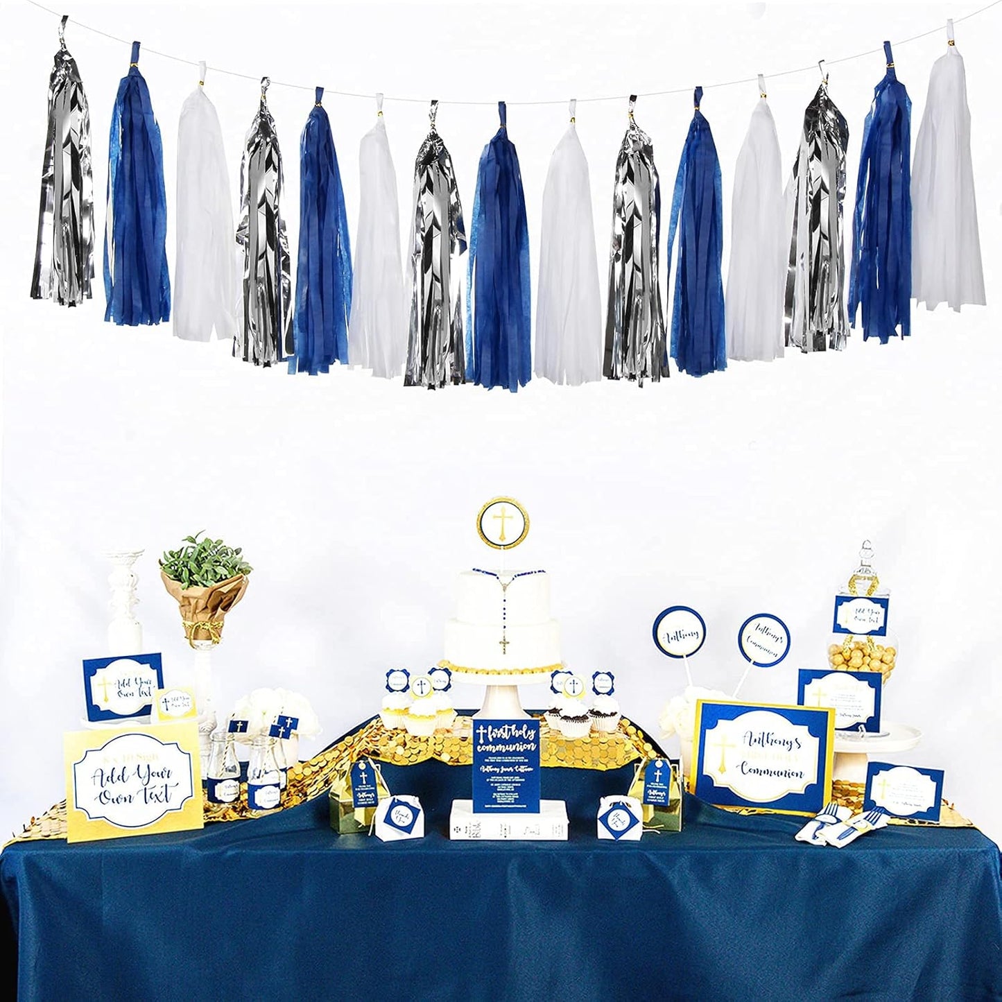 Navy Blue White Silver Party Decorations,23Pcs Kit Graduation 2025 Tissue Paper Pom Poms Streamers,Tassel Garland Banner Flowers,Men Birthday Bachelorette Baby Shower Christmas Decor
