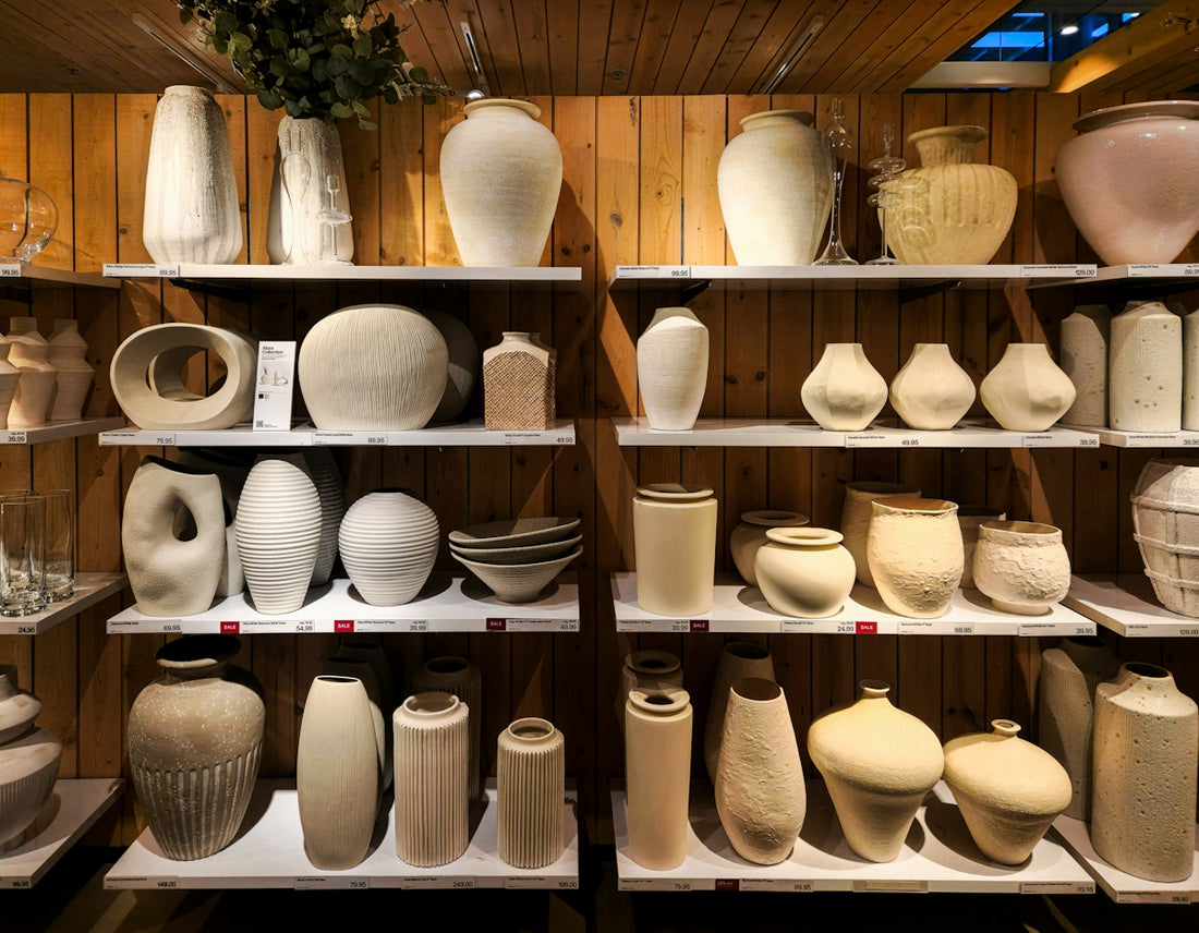 A display case filled with lots of white vases