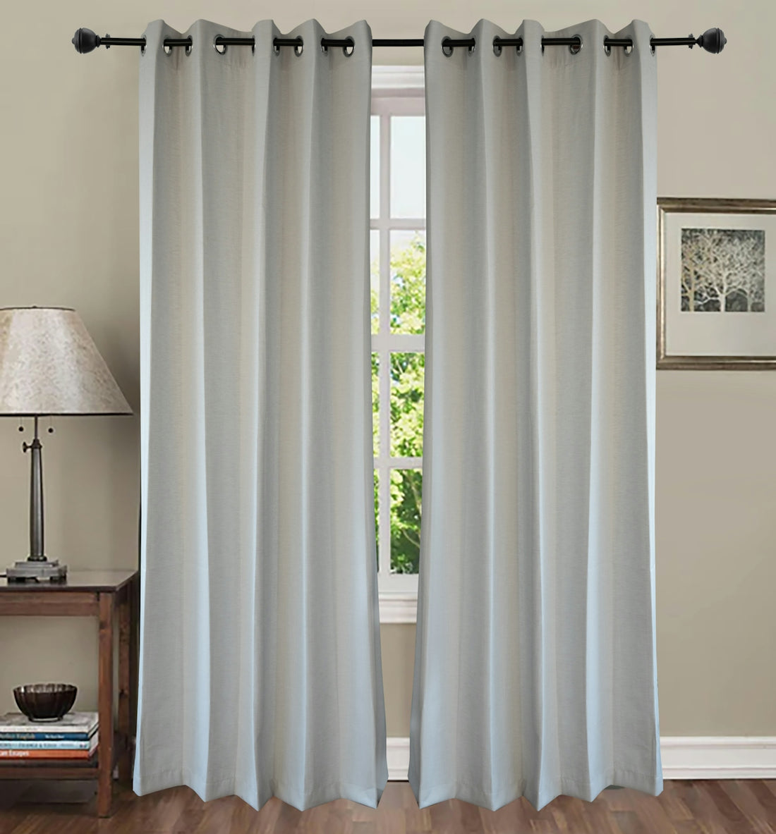 Light gray curtains hang over a window.