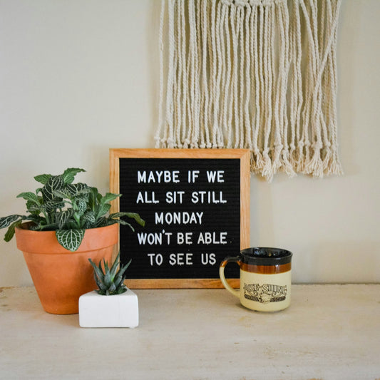 Letter board with quote and plants on shelf.