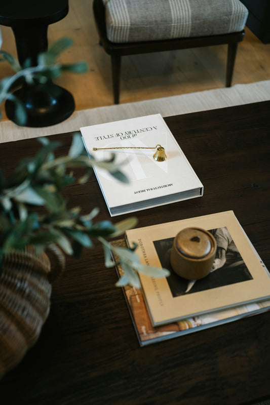 Books, candle snuffer, and plant on a dark coffee table.