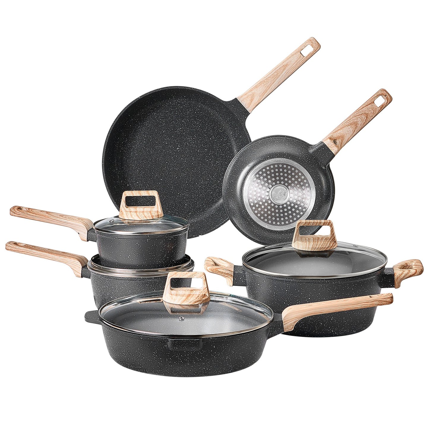 17 Pieces Kitchen Pots & Pans Set Granite Nonstick Cookware Set with Lids