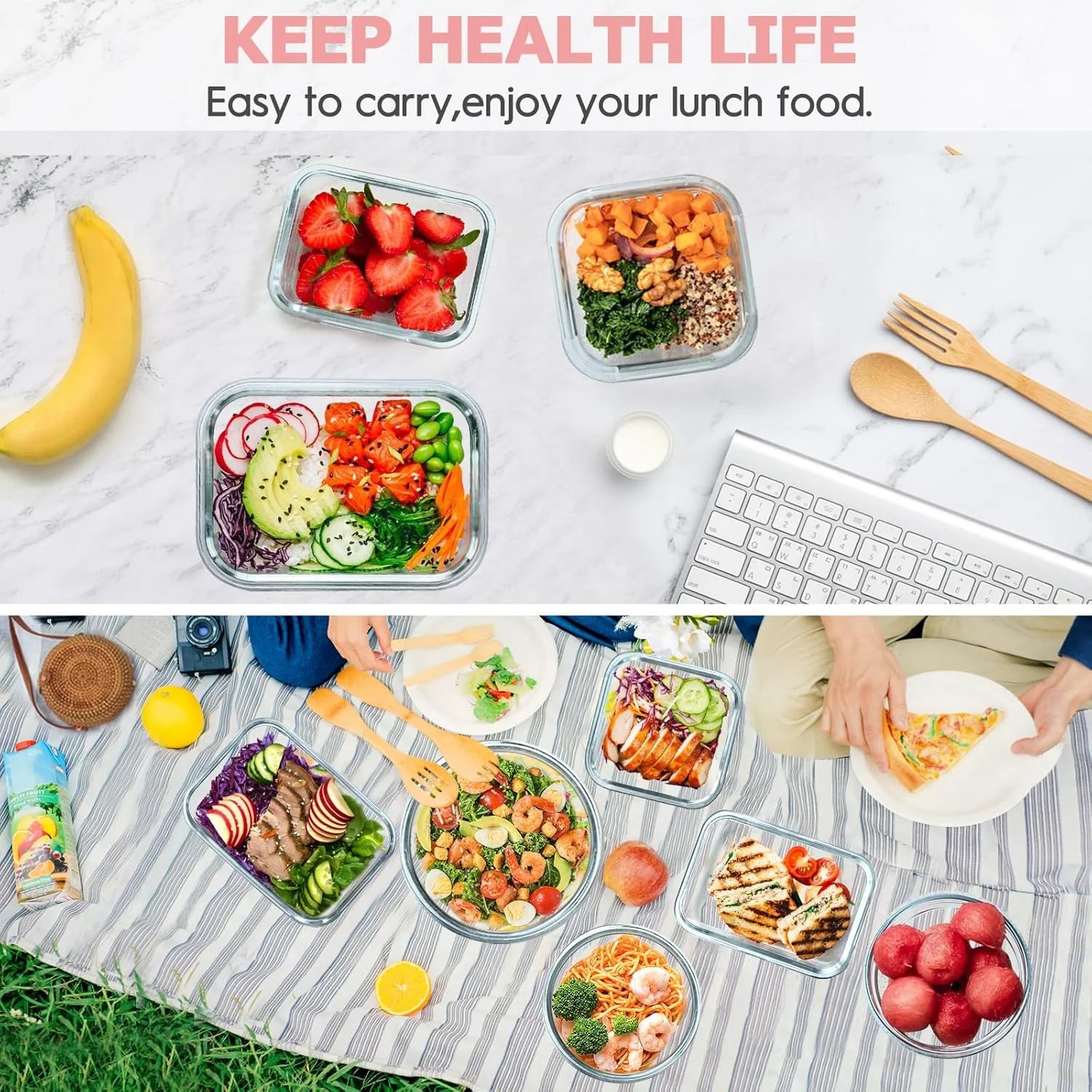 34Pcs Glass Food Storage Containers with Lids Set, Airtight Meal Prep Containers (17 Containers & 17 Lids), Pink