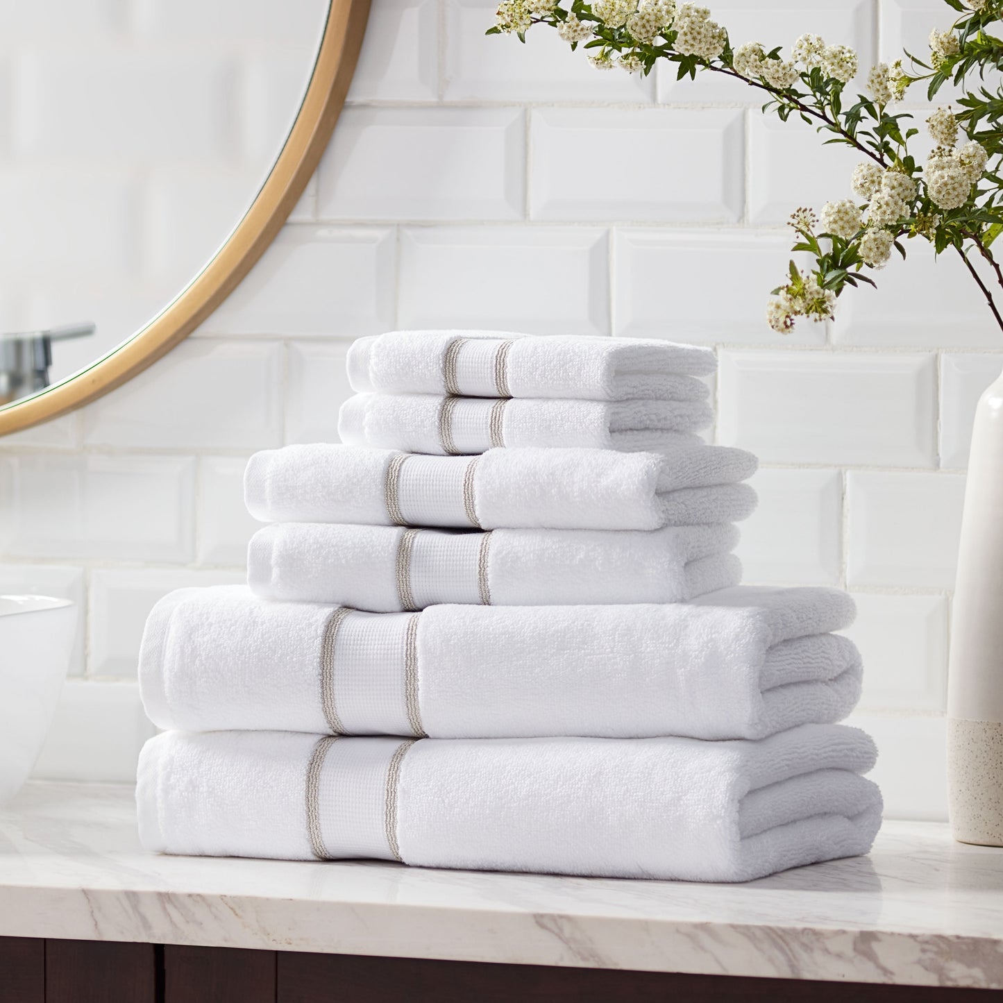 6-Piece Egyptian Cotton Striped Bath Coordinate Towel Set, Birchwood