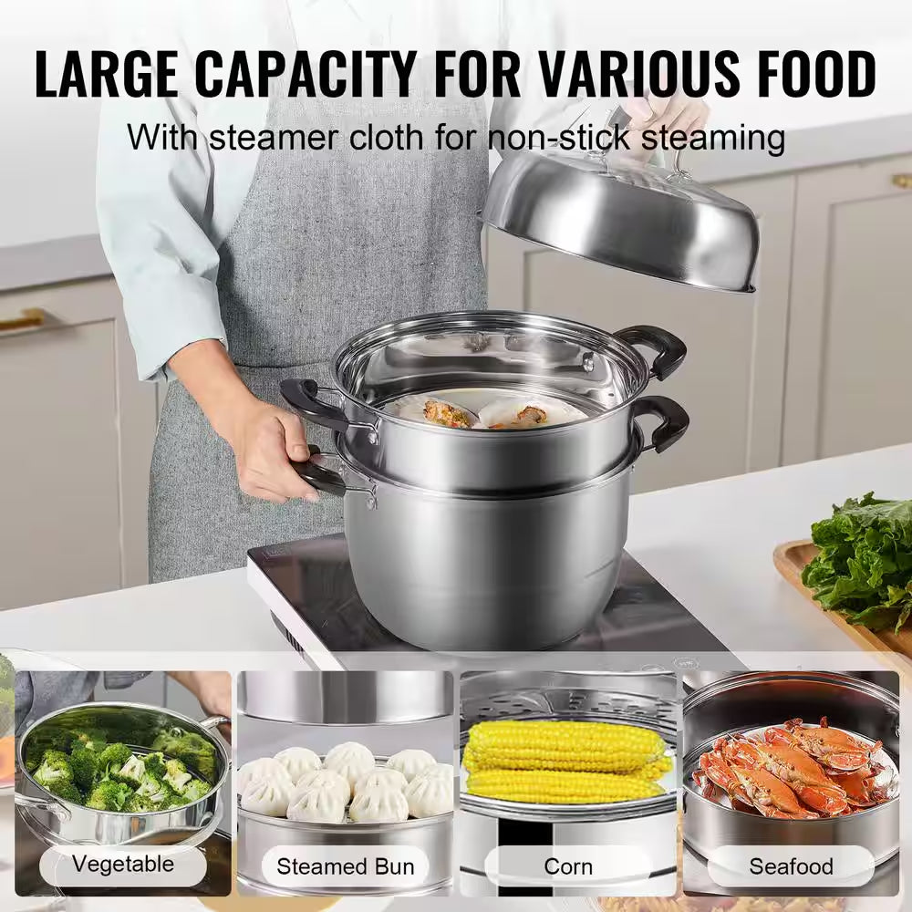 Steamer Pot 11 In. 3 Tier Steamer Pot with 8.5 Qt. Stock Pot Stainless Steel Vegetable Steamer and 2 Steaming Tray