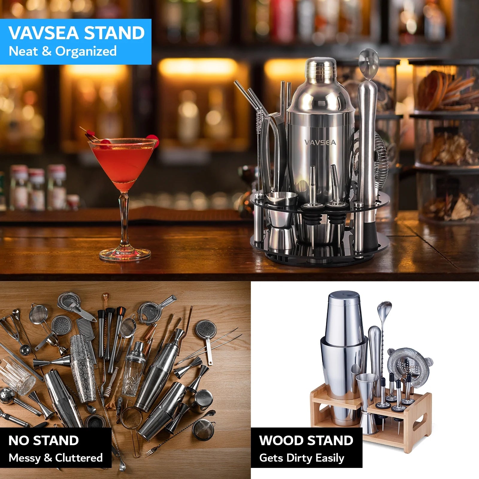 Cocktail Shaker Set with Rotatable Stand, Mixology Bartender Kit Bar Tool Set for Drink Mixing Home Lounge Party Bar Accessories with Straws & Spoon, Silver, 19Pcs