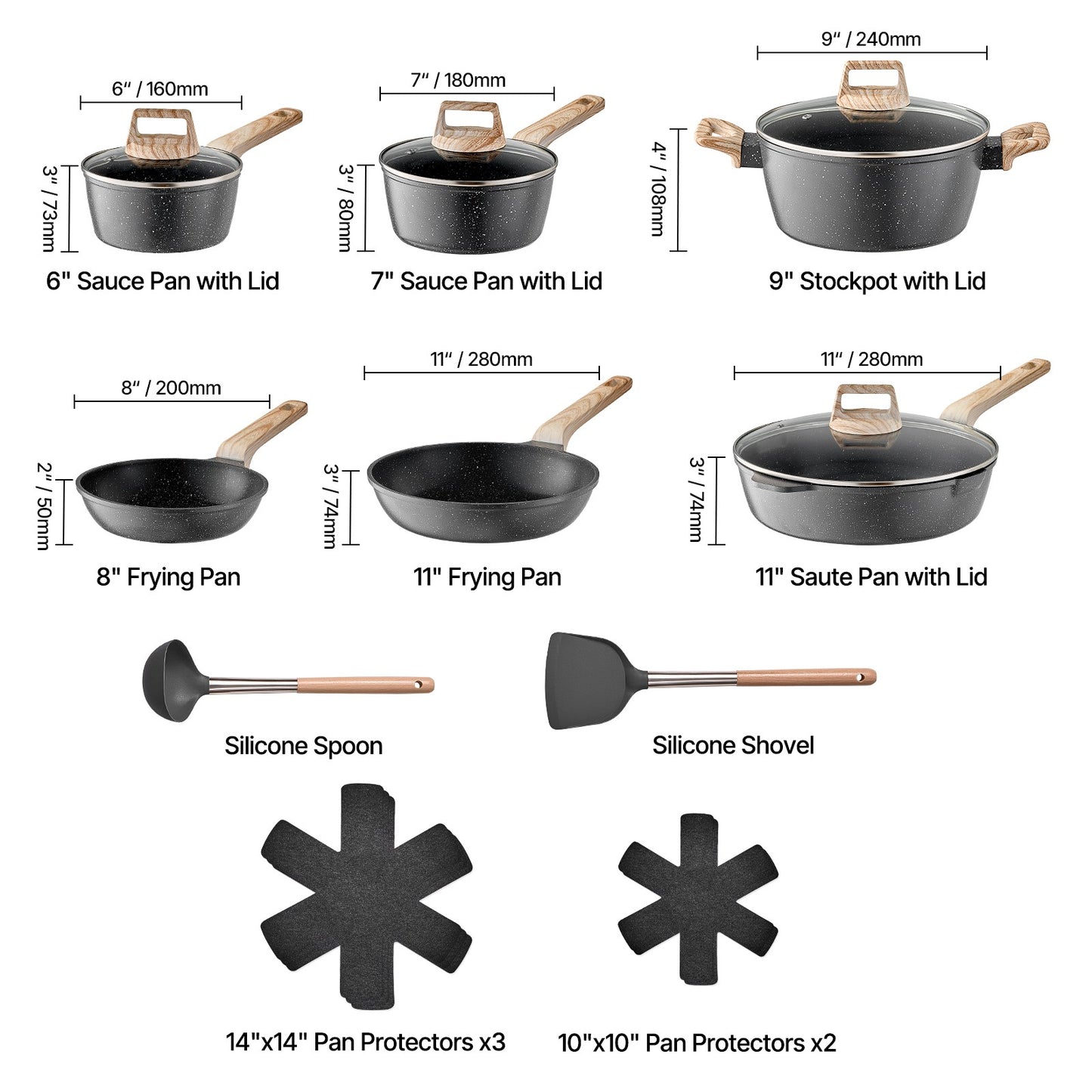 17 Pieces Kitchen Pots & Pans Set Granite Nonstick Cookware Set with Lids