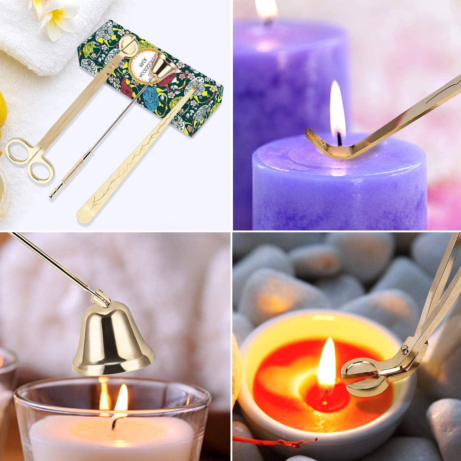 3 in 1 Candle Accessory Set - Wick Trimmer, Snuffer, Dipper with Gift Package for Candle Lovers (Champagne Gold)
