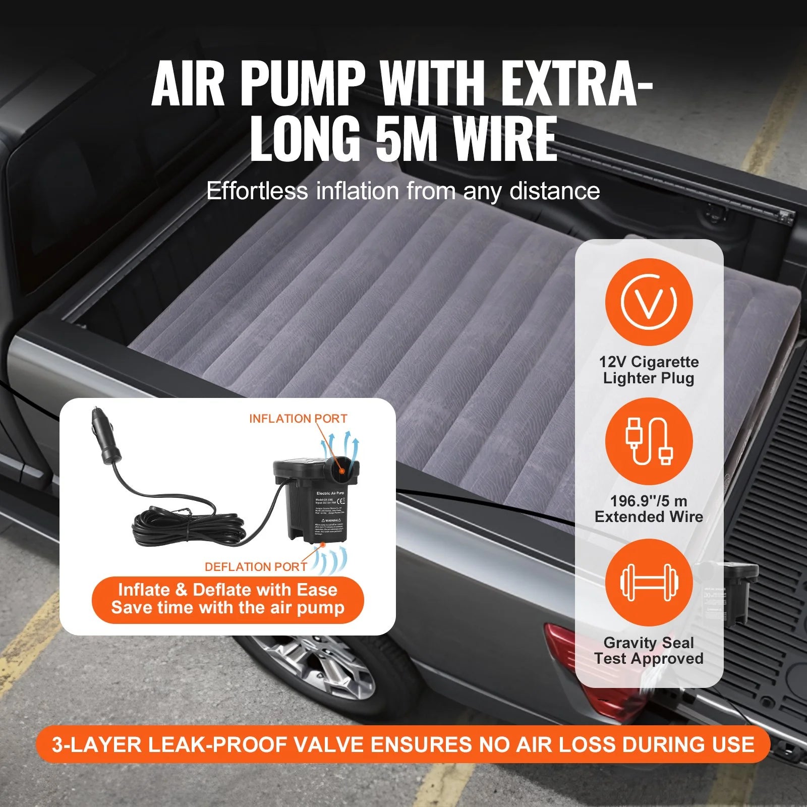 VEVOR Truck Bed Air Mattress, for 5.5-5.8 Ft Full Size Short Truck Beds, Inflatable Air Mattress Camping Bed with 12V Air Pump 2 Pillows, Carry Bag, for Silverado, RAM, F Series, Sierra, Titan, Tundra