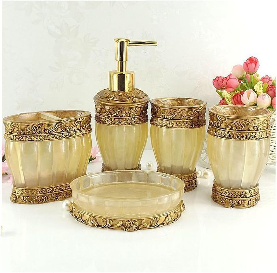 Vintage Golden Bathroom Accessories, 5Piece Bathroom Accessories Set, Bathroom Set Features, Soap Dispenser, Toothbrush Holder, Tumbler & Soap Dish - Golden Glossy - Bath Gift Set