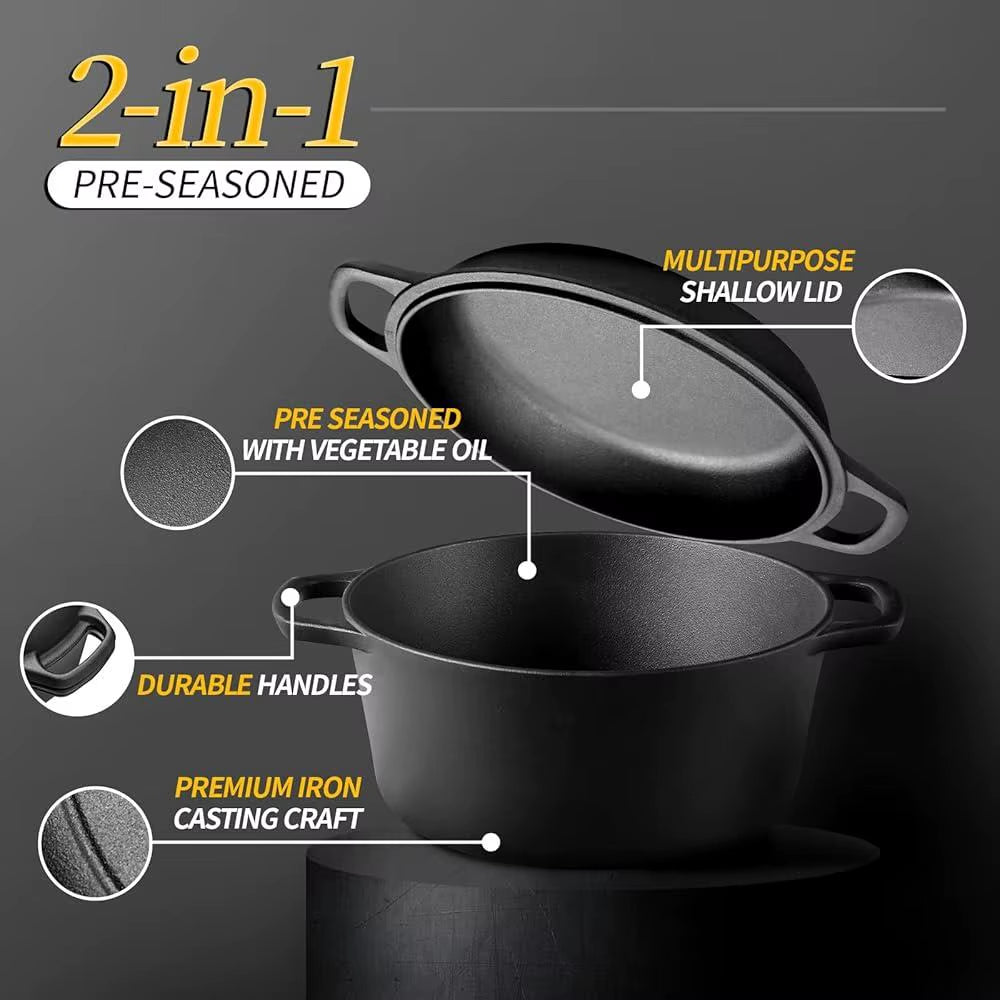 2-In-1 Pre-Seasoned Cast Iron Dutch Oven with Skillet Lid Cookware Set Cast Iron Cooking Pot with Handles