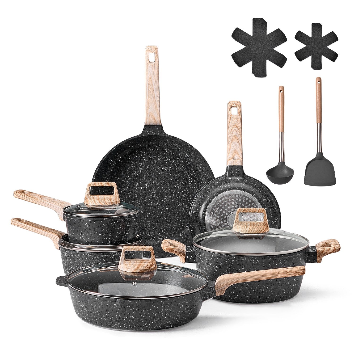 17 Pieces Kitchen Pots & Pans Set Granite Nonstick Cookware Set with Lids