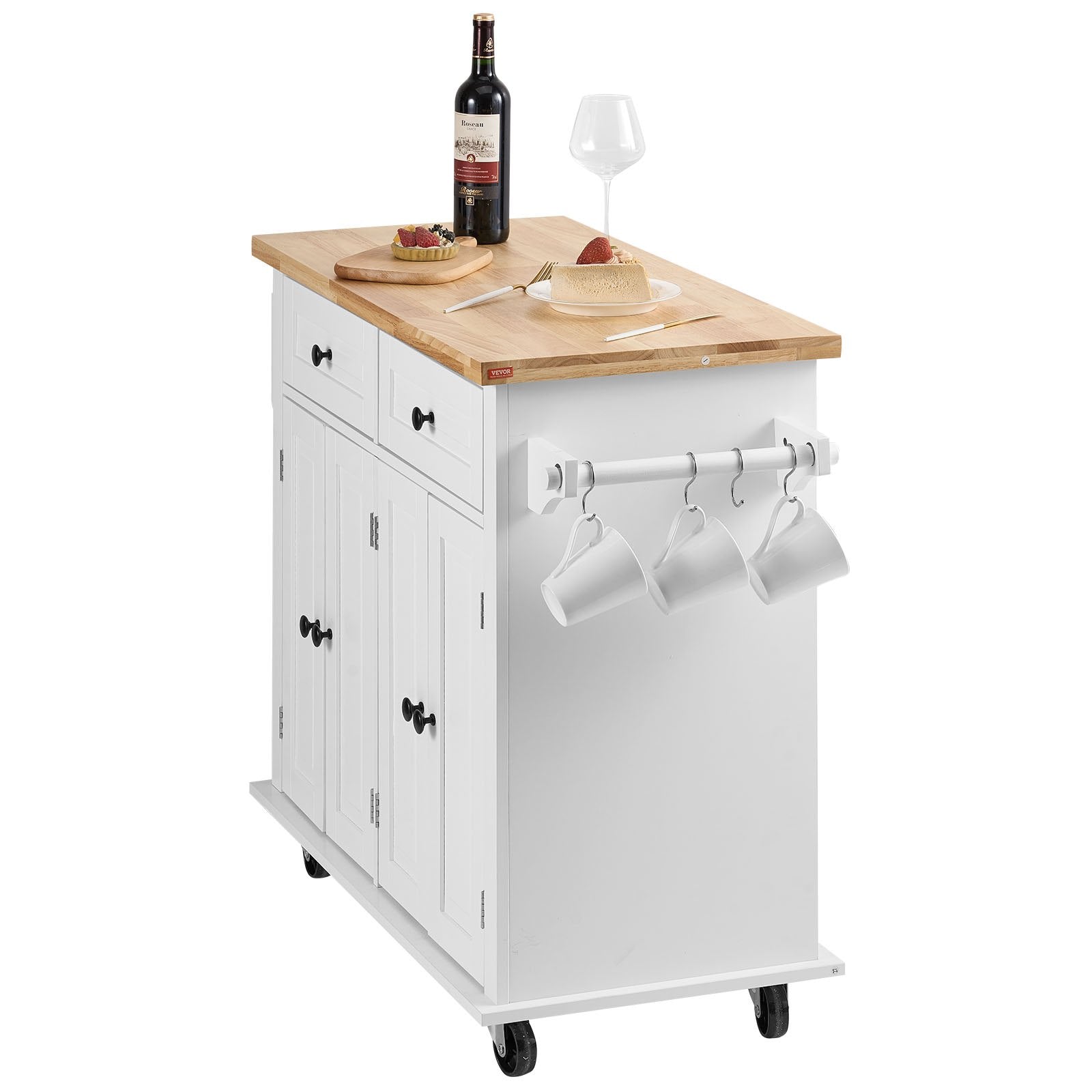 VEVOR Kitchen Island Cart with Solid Wood Top, 35.4 Width Mobile Carts with Storage Cabinet, Rolling Kitchen Table with Spice Rack, Towel Rack, and Drawer, Portable Islands on Wheels, White