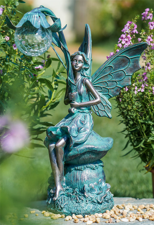 13.78 Inches Large Fairy Garden Statue, Outdoor Solar Fairy Sculpture with Patina Bronze Finish, Resin Garden Ornament for Yard Garden Decor, Gifts for Mom