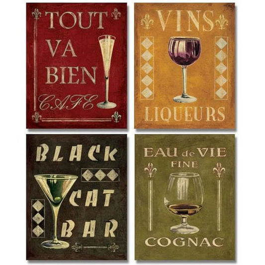 Classic French Cognac, Black Cat Bar, Tout Va Bien, Vins Antique Prints; Four 8X10In Prints