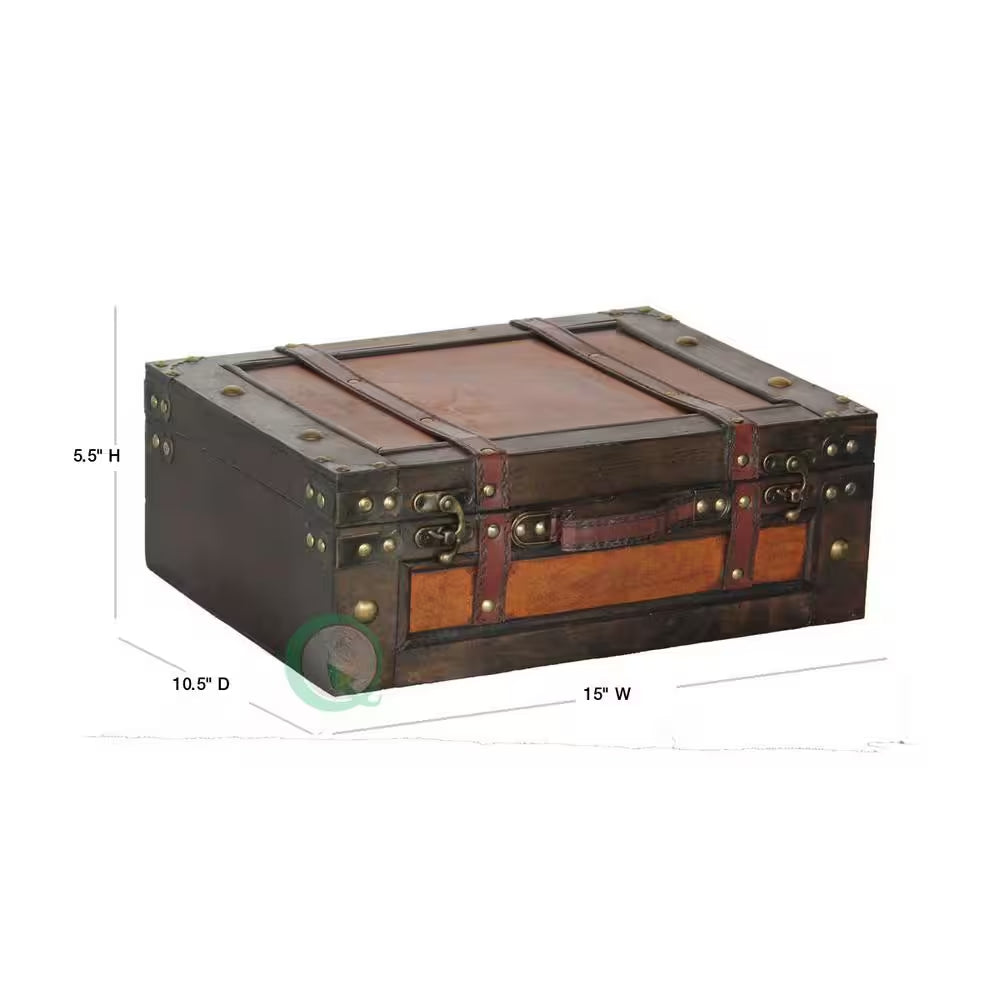 Wooden Vintage Luggage Trunks - Antique Carry on Suitcase Storage Box with Hinged Lids, Large Brown