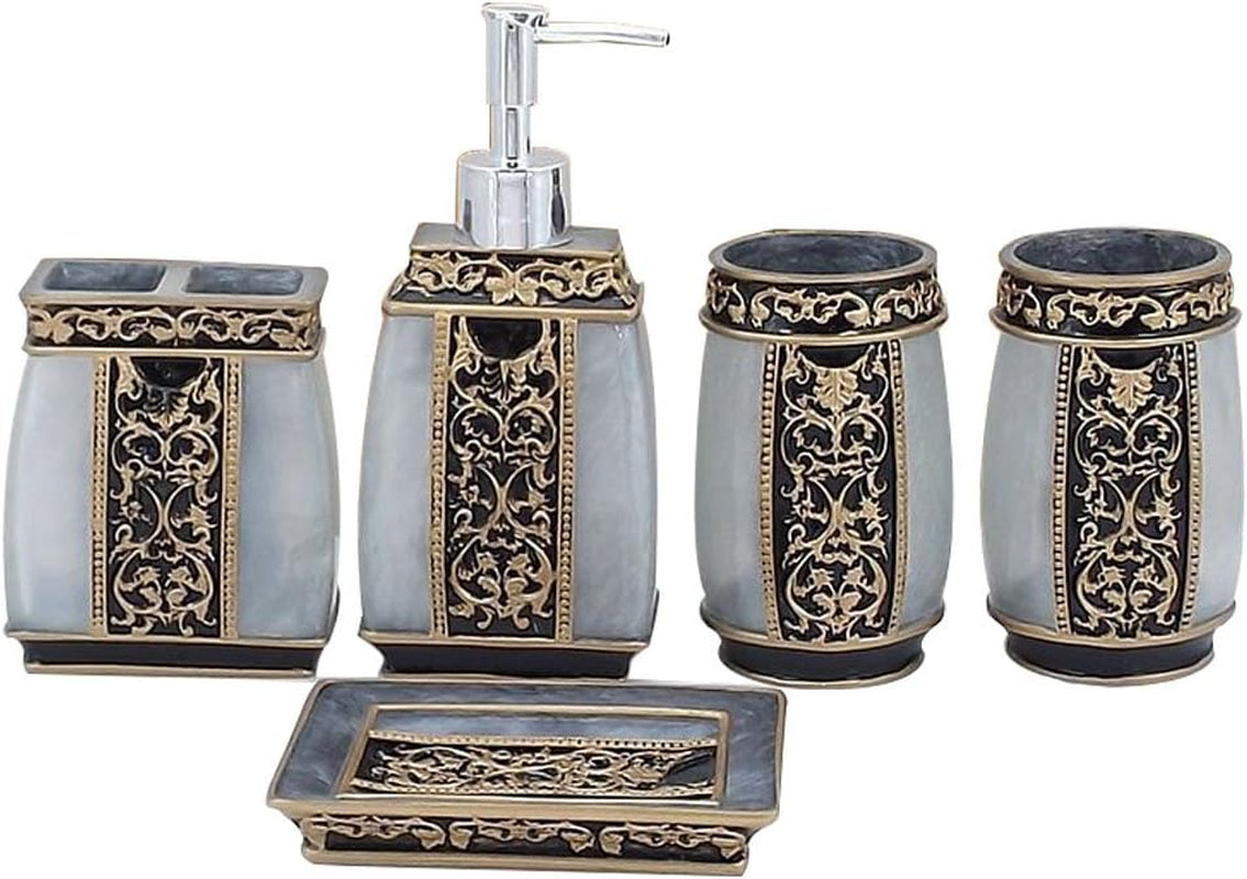 Creative Bath Ensemble, 5 Piece Bathroom Accessories Set, Collection Bath Set Features Soap Dispenser, Toothbrush Holder, Tumbler, & Soap Dish- Silver