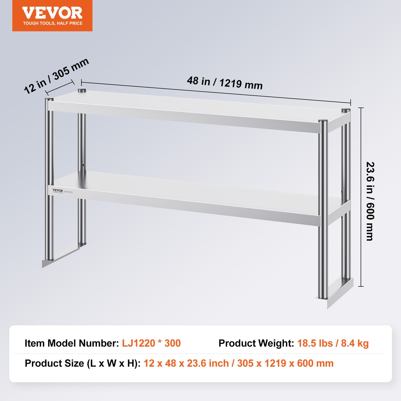 VEVOR Double Overshelf, Double Tier Stainless Steel Overshelf, 12 X 48 Inch Double Deck Overshelf, Height Adjustable Overshelf Prep Work Table for Kitchen, Restaurant and Workshop