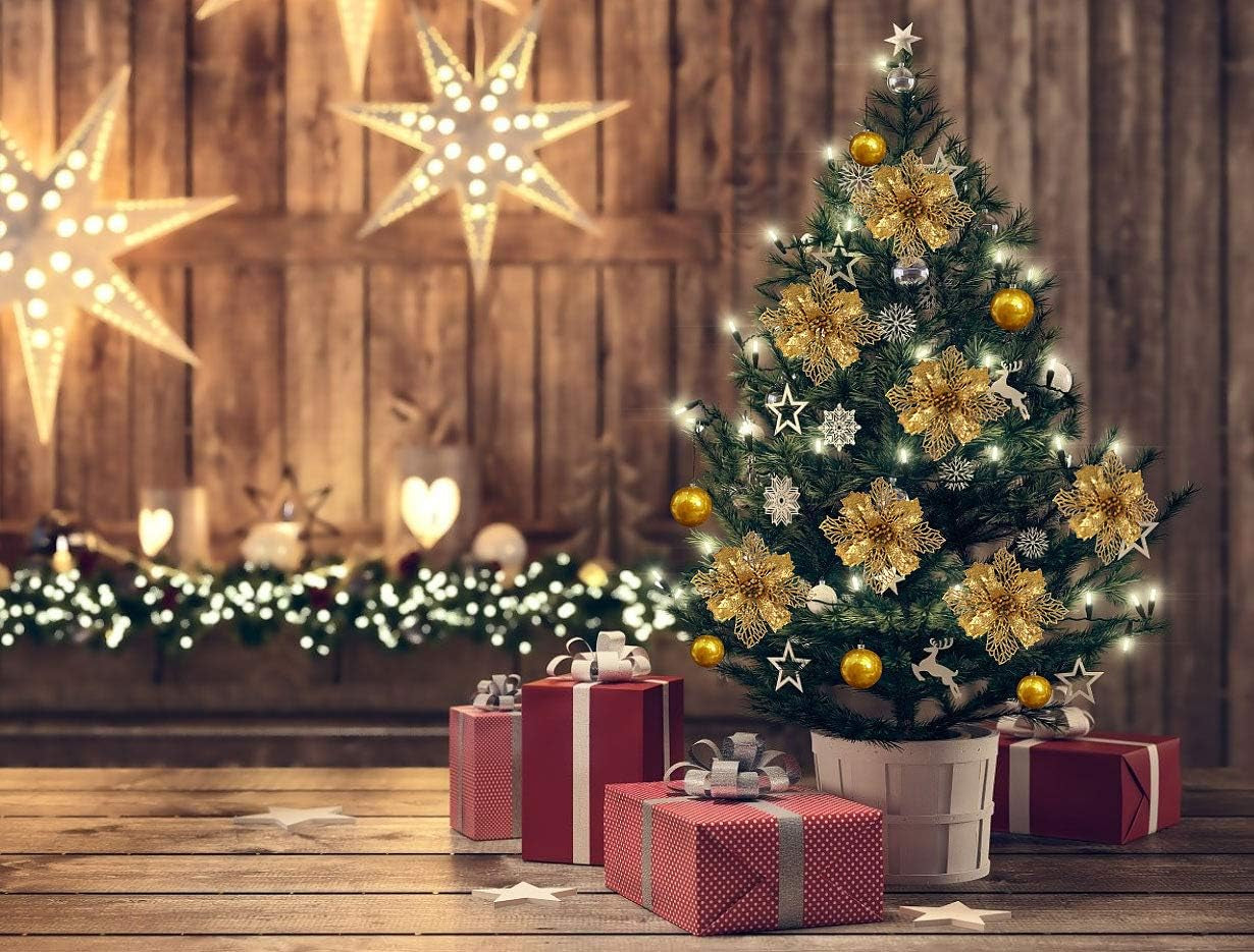 10 Pcs Christmas Glitter Poinsettia Flowers Picks Christmas Tree Ornaments 6" Wide for Xmas Tree Wreaths Garland Holiday Seasonal Wedding Decoration (Gold)