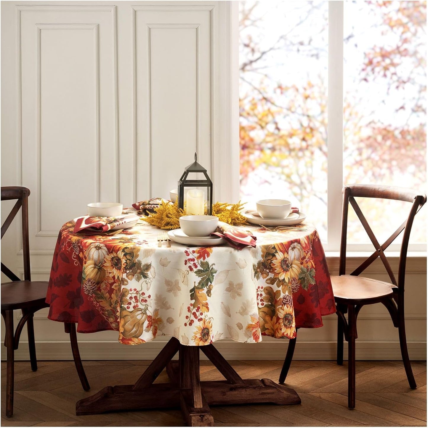Home Fashions Swaying Leaves Bordered Fall, Seasonal and Holiday Tablecloth, 70" Round, Multi