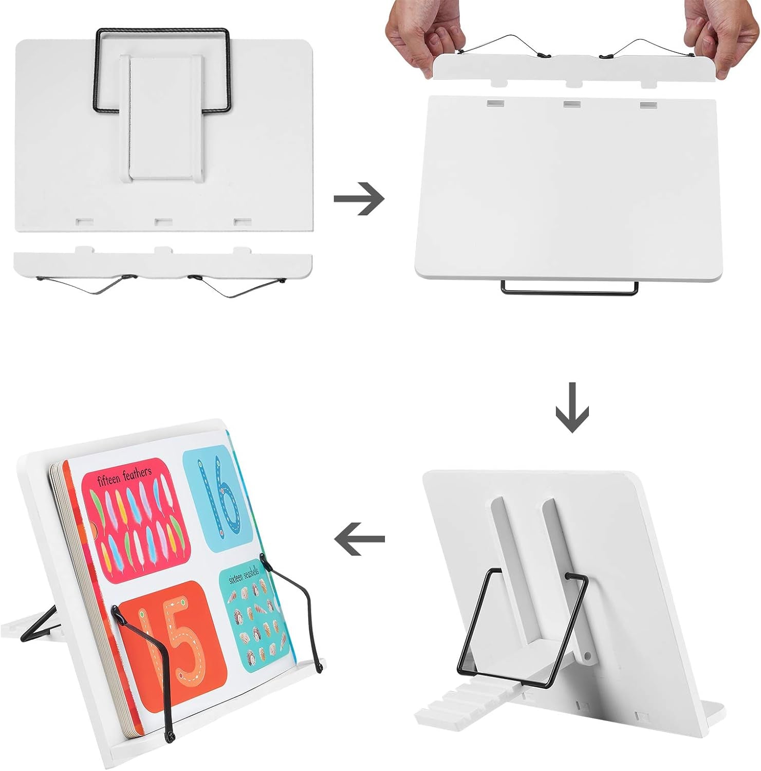 Book Stand Holder White 15.4Inch Large Portable Adjustable Reading Textbook Recipe Sturdy Stand with Paper Clips for Home Office Laptop Cookbook Desktop Heavy Documents Tablets and More