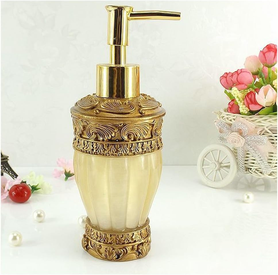 Vintage Golden Bathroom Accessories, 5Piece Bathroom Accessories Set, Bathroom Set Features, Soap Dispenser, Toothbrush Holder, Tumbler & Soap Dish - Golden Glossy - Bath Gift Set