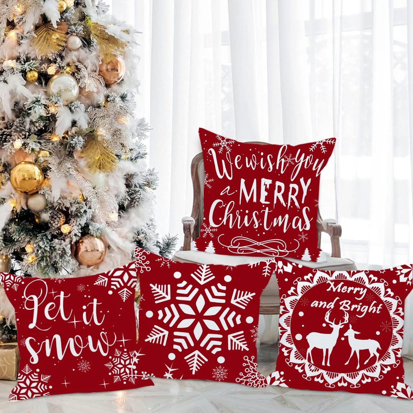 Merry Christmas Decorative Pillows Covers 22X22 Set of 4 for Christmas Decorations Red Christmas Tree Snowflake Winter Holiday Throw Pillow Cases Xmas Farmhouse Decor for Couch Sofa