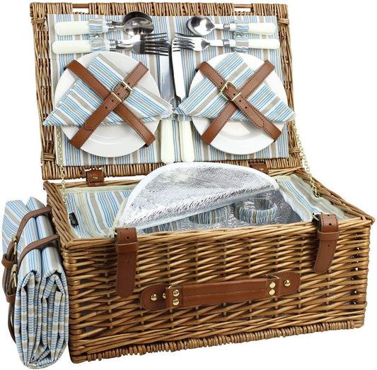 Wicker Picnic Basket Set for 4 Persons | Large Willow Hamper with Large Insulated Cooler Compartment, Waterproof Blanket and Cutlery Service Kit-Classical Brown