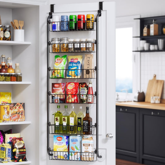 Over the Door Heavy-Duty Metal Organizer, 6-Tier Door Storage for Pantry, Easy Install, D4.65Xw18Xh50Inch, Black