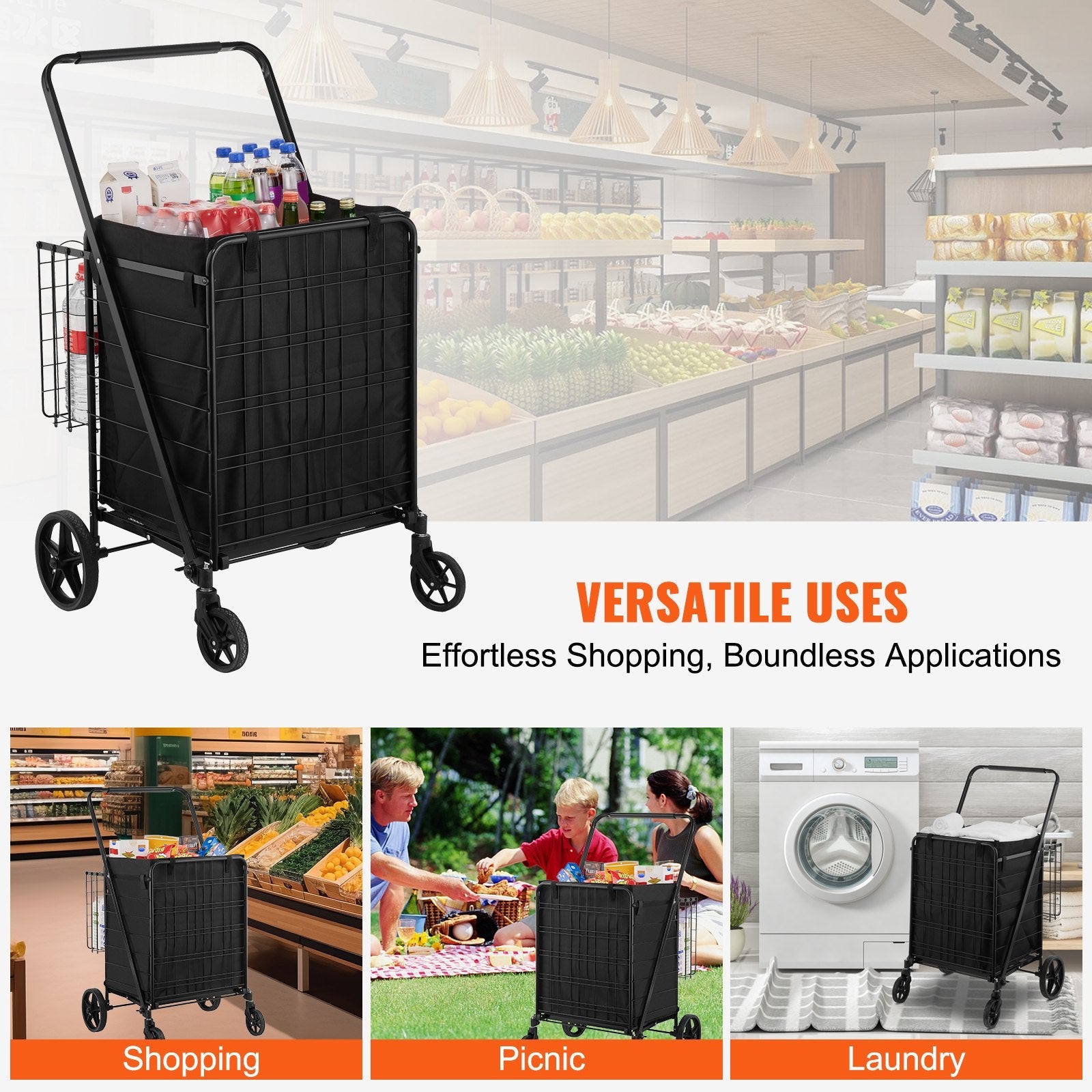 VEVOR Folding Shopping Cart with Removable Waterproof Liner, 330LBS Large Capacity Jumbo Grocery Cart with Dual Basket, 360¡Ã Swivel Wheels, Dense Metal Mesh Base, Heavy Duty Utility Cart for Shopping