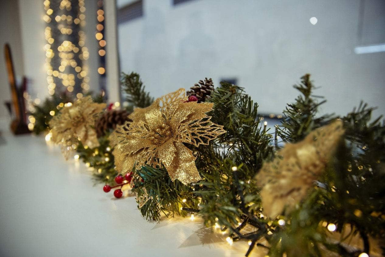 10 Pcs Christmas Glitter Poinsettia Flowers Picks Christmas Tree Ornaments 6" Wide for Xmas Tree Wreaths Garland Holiday Seasonal Wedding Decoration (Gold)