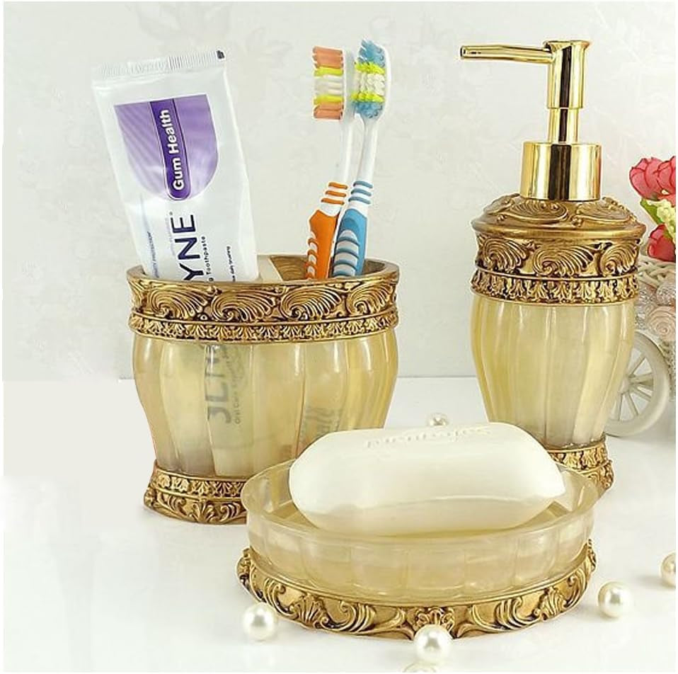 Vintage Golden Bathroom Accessories, 5Piece Bathroom Accessories Set, Bathroom Set Features, Soap Dispenser, Toothbrush Holder, Tumbler & Soap Dish - Golden Glossy - Bath Gift Set