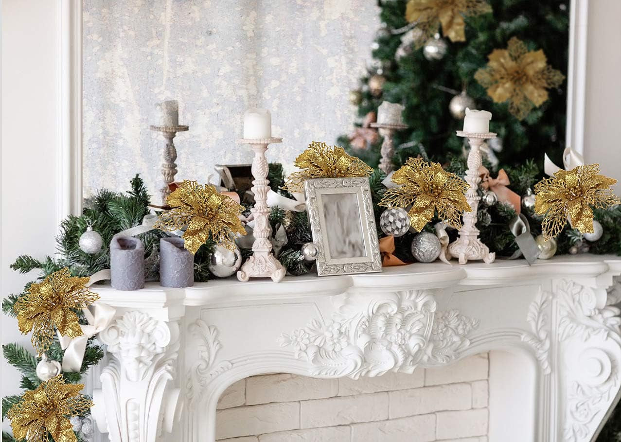 10 Pcs Christmas Glitter Poinsettia Flowers Picks Christmas Tree Ornaments 6" Wide for Xmas Tree Wreaths Garland Holiday Seasonal Wedding Decoration (Gold)