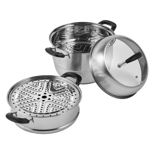 Steamer Pot 11 In. 3 Tier Steamer Pot with 8.5 Qt. Stock Pot Stainless Steel Vegetable Steamer and 2 Steaming Tray