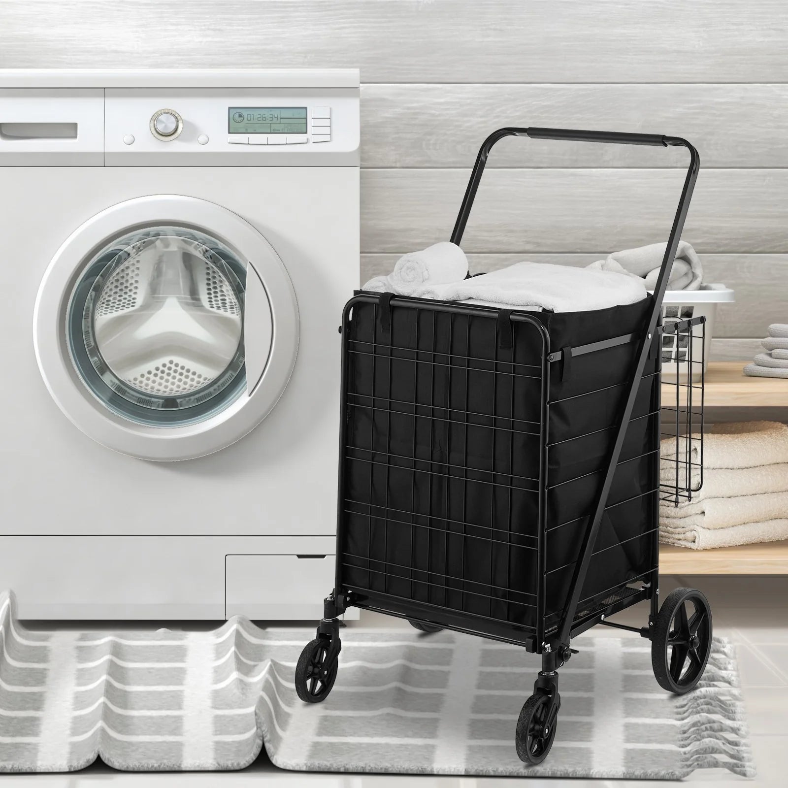 VEVOR Folding Shopping Cart with Removable Waterproof Liner, 330LBS Large Capacity Jumbo Grocery Cart with Dual Basket, 360¡Ã Swivel Wheels, Dense Metal Mesh Base, Heavy Duty Utility Cart for Shopping