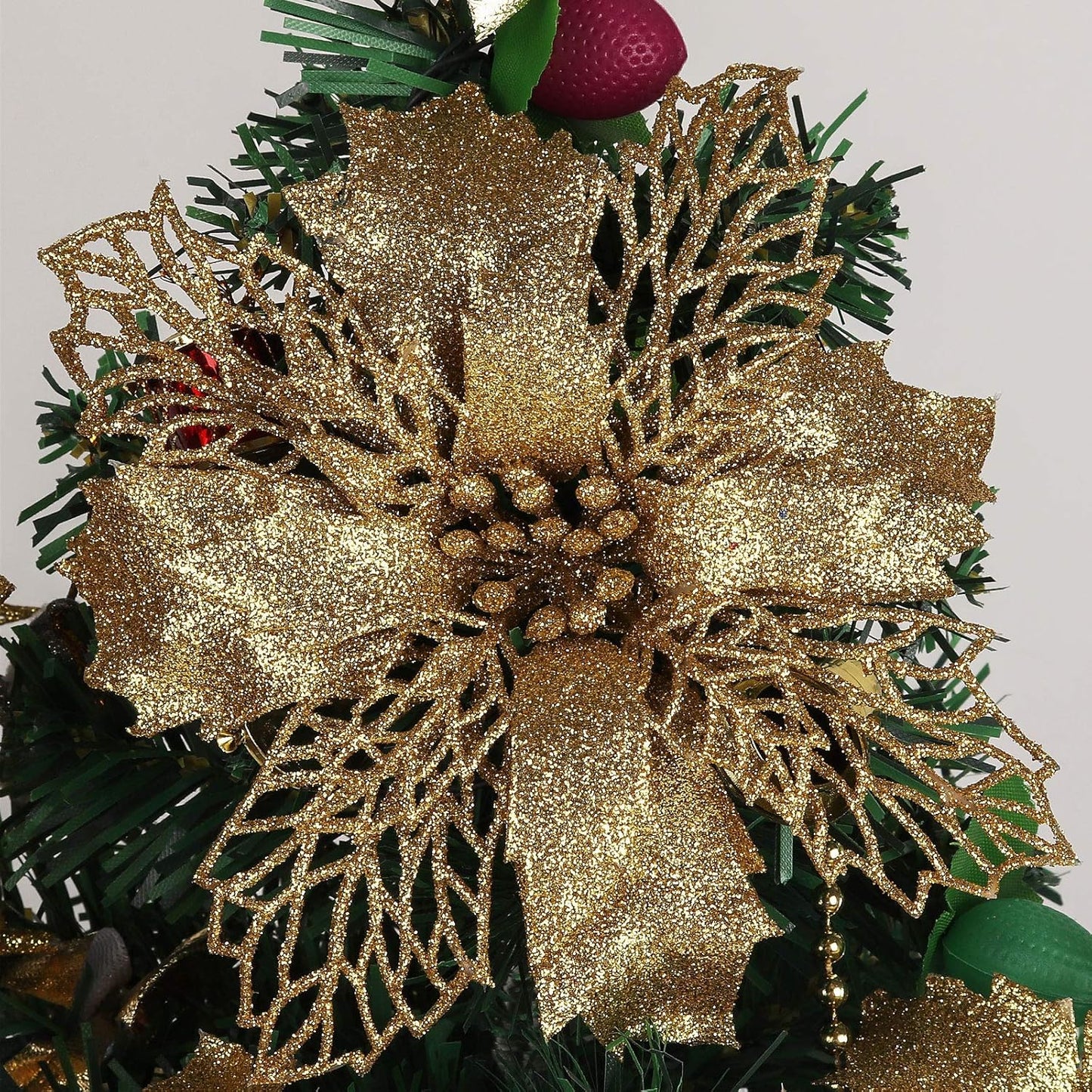 10 Pcs Christmas Glitter Poinsettia Flowers Picks Christmas Tree Ornaments 6" Wide for Xmas Tree Wreaths Garland Holiday Seasonal Wedding Decoration (Gold)