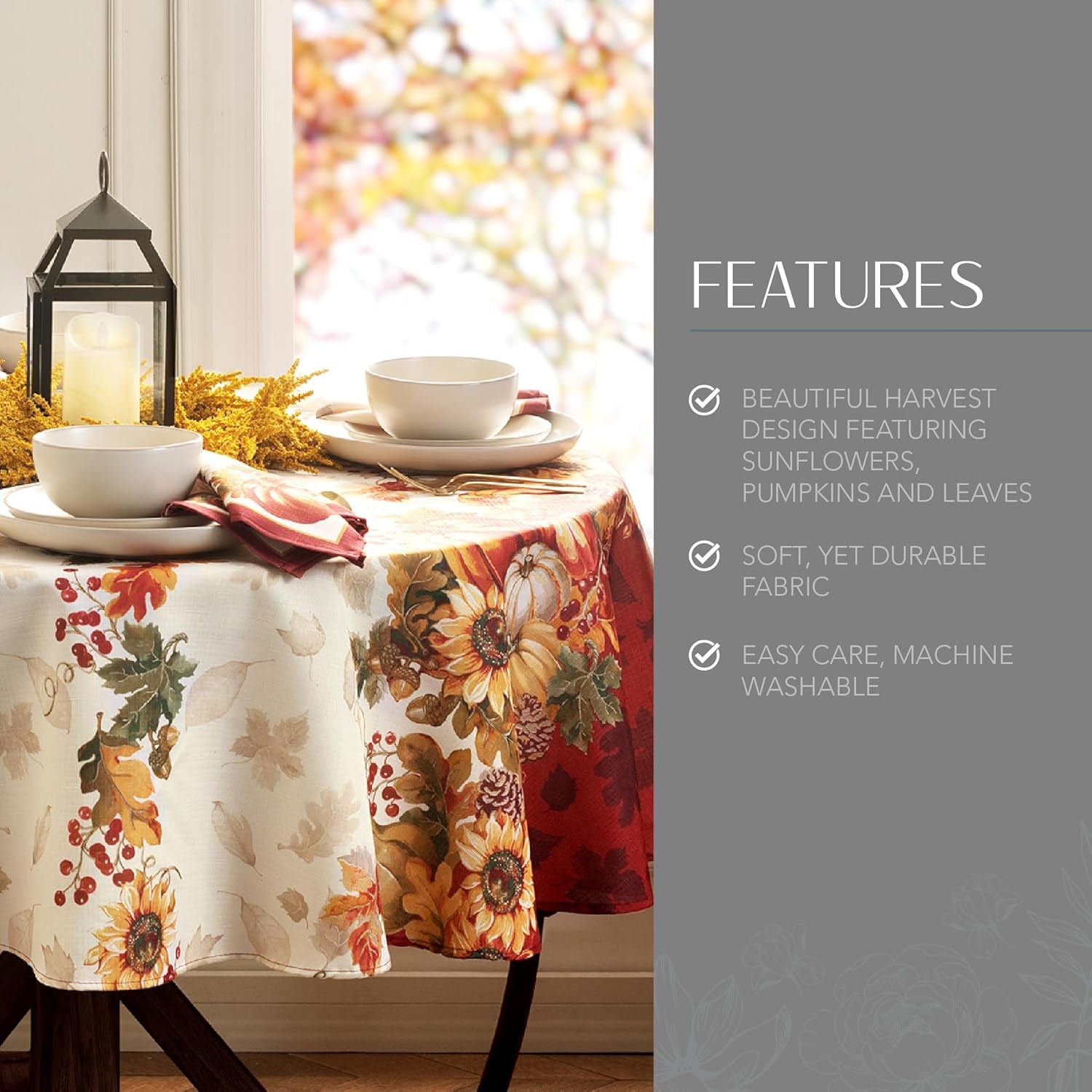 Home Fashions Swaying Leaves Bordered Fall, Seasonal and Holiday Tablecloth, 70" Round, Multi