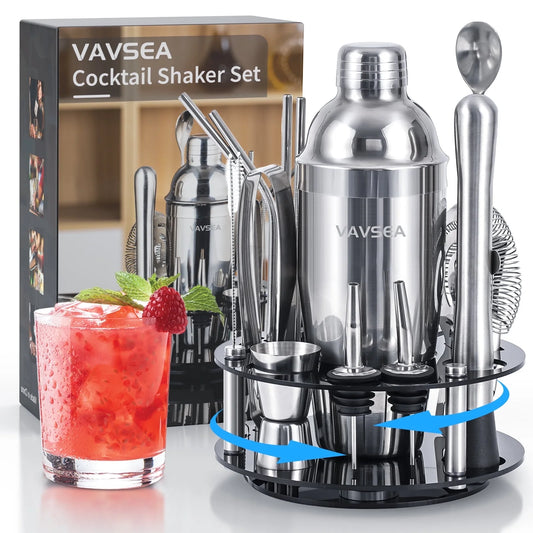 Cocktail Shaker Set with Rotatable Stand, Mixology Bartender Kit Bar Tool Set for Drink Mixing Home Lounge Party Bar Accessories with Straws & Spoon, Silver, 19Pcs