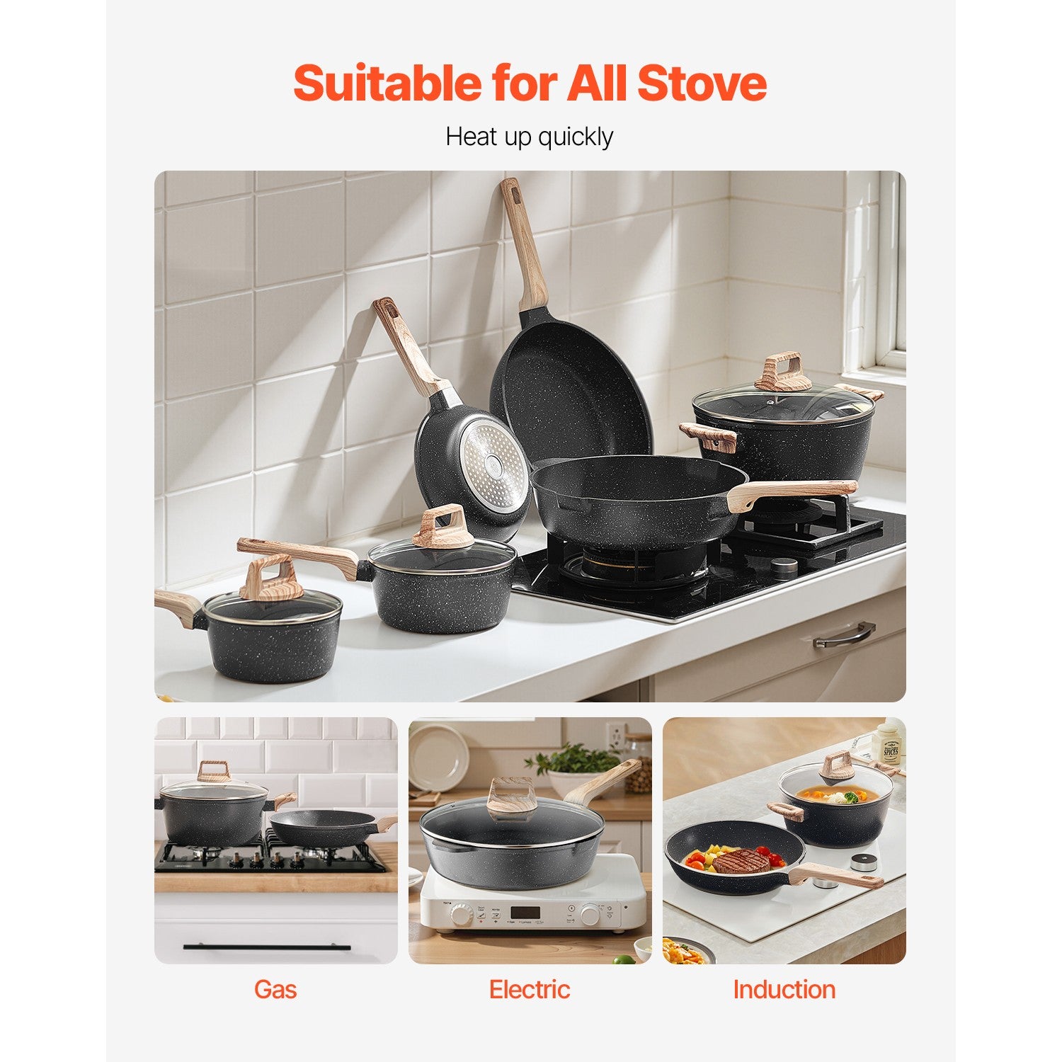 17 Pieces Kitchen Pots & Pans Set Granite Nonstick Cookware Set with Lids